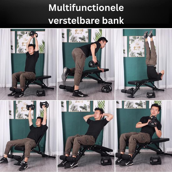 Six images d'hommes effectuant divers exercices de fitness sur un banc noir multifonctionnel et réglable.