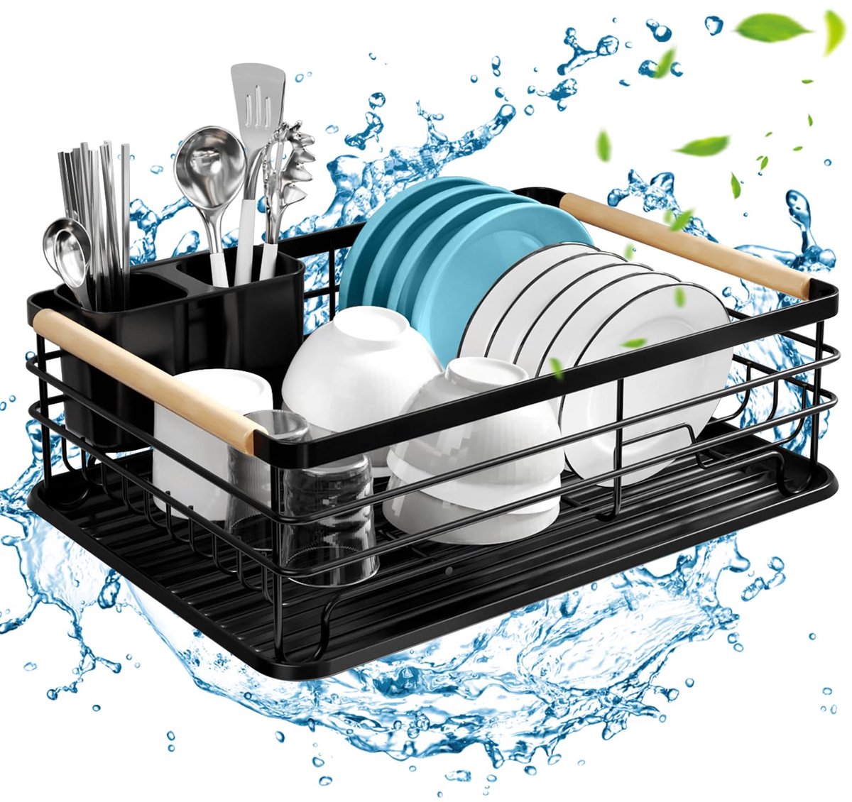 Ibenzoa® Afdruiprek voor servies met bestekhouder en lekbak, ruimtebesparend en eenvoudig te reinigen