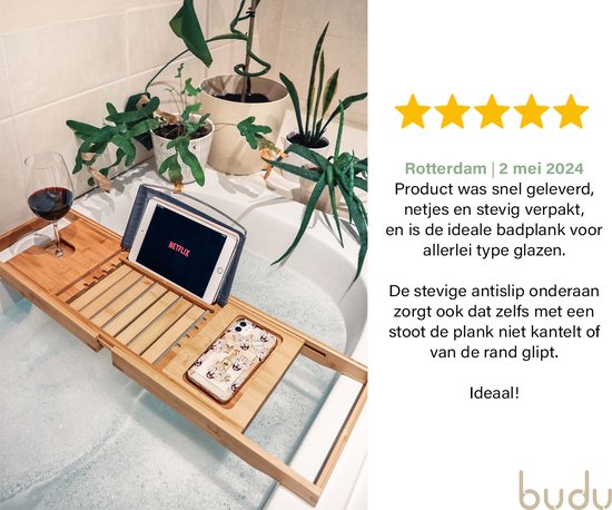 Budu Badplank Bamboe - Badplank voor in bad - Verstelbaar badrek - Houten badplank - Badrekje - Badplank hout - 70-105 cm