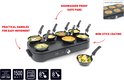 Zwart gourmetstel met 8 gevulde wokpannetjes en 1 pannetje met groente ernaast. Met tekst 'PRACTICAL HANDLES', 'DISHWASHER PROOF SAFE PANS', 'NON-STICK COATING'.