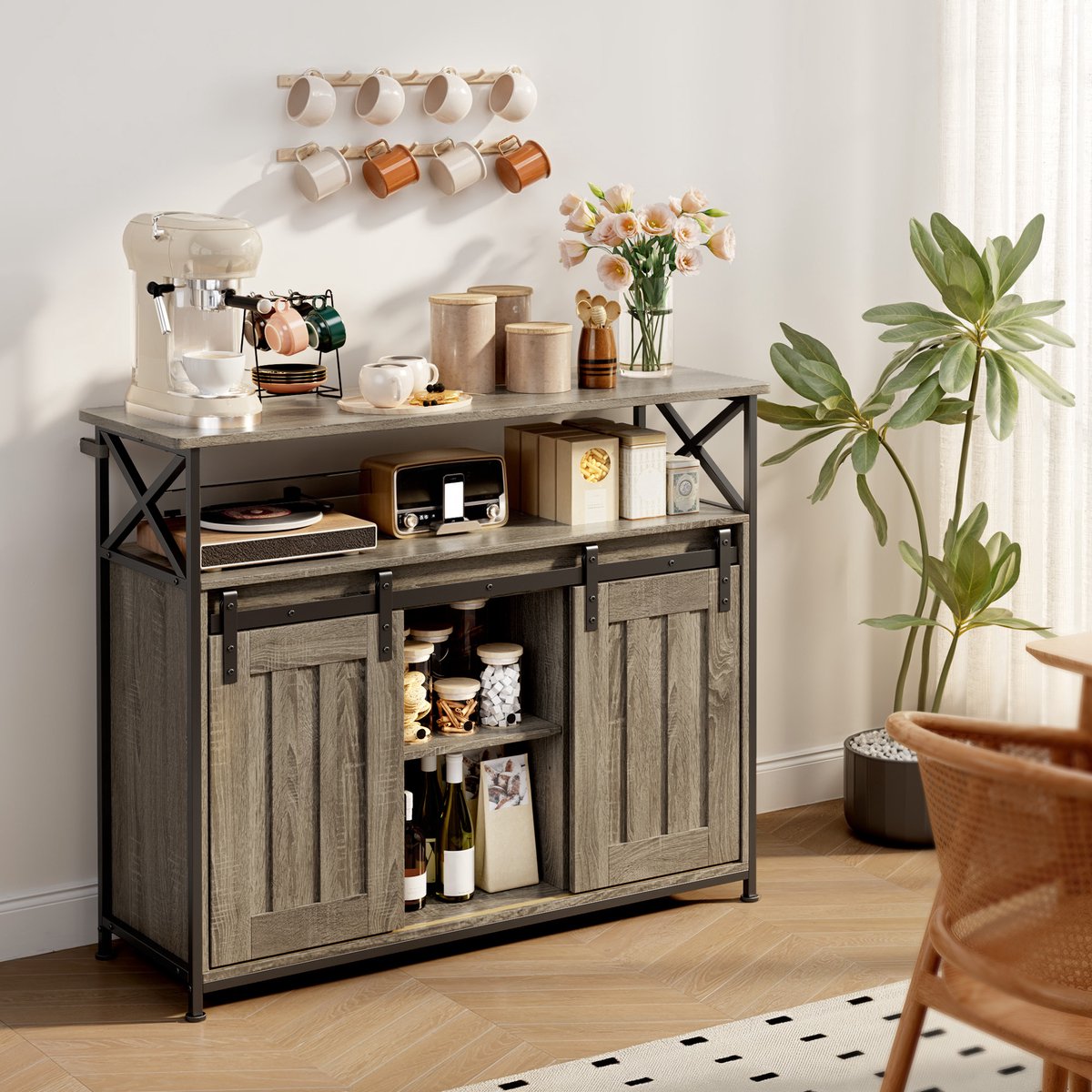 Bealife AP56 Buffetkast - Multifunctionele opbergkast met royale opslagruimte - Verstelbare woonkamerschappen - perfect voor woonkamer of hal - 100 x 33 x 80 cm - Gris