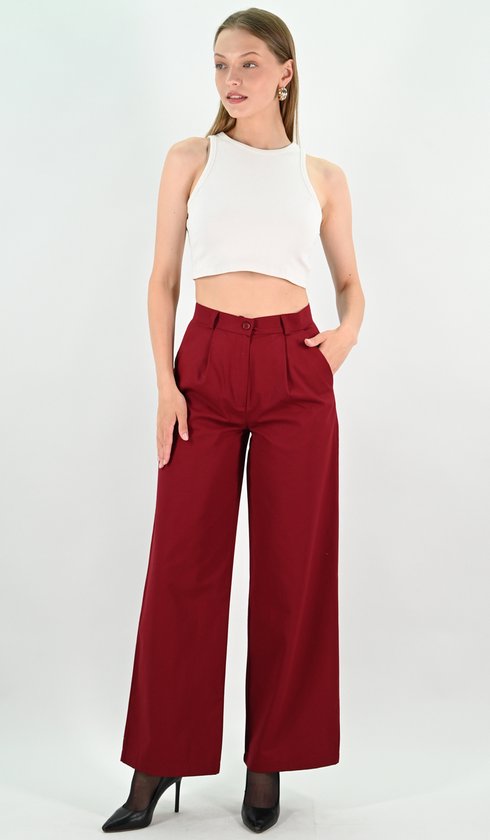 YesMooi - Wijde Broek met Hoge Taille - %100 Katoen - Bordeaux - L (40)
