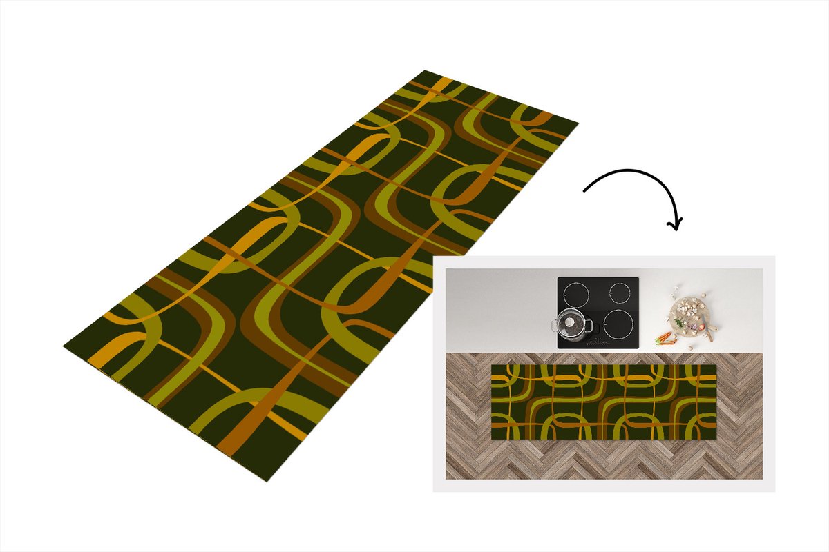 KitchenYeah Keukenloper 150x50 cm - Keukenmat vinyl Jaren 70 - Retro - Groen - Keukenmatten loper - Keuken vloerkleed tapijt