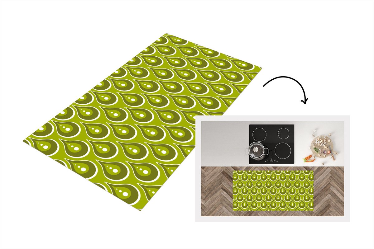 KitchenYeah Keukenloper 120x60 cm - Keukenmat vinyl Patronen - Retro - Regen - Druppel - Groen - Keukenmatten loper - Keuken vloerkleed tapijt