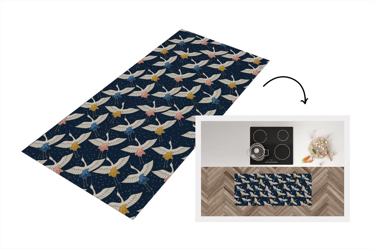 KitchenYeah Keukenloper 120x50 cm - Keukenmat vinyl Vogels - Nacht - Japan - Patronen - Keukenmatten loper - Keuken vloerkleed tapijt