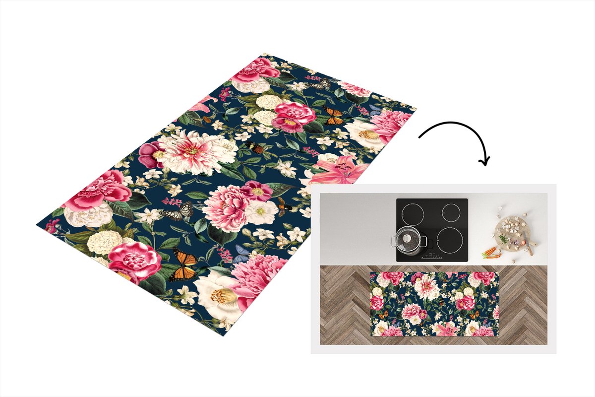 KitchenYeah Keukenloper 120x60 cm - Keukenmat vinyl Patronen - Roos - Bladeren - Keukenmatten loper - Keuken vloerkleed tapijt Rozen