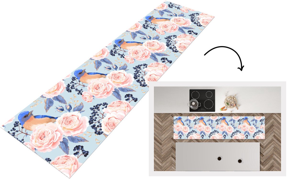 KitchenYeah Keukenloper 240x60 cm - Keukenmat vinyl Patronen - Roos - Vogel - Blauw - Keukenmatten loper - Keuken vloerkleed tapijt Rozen