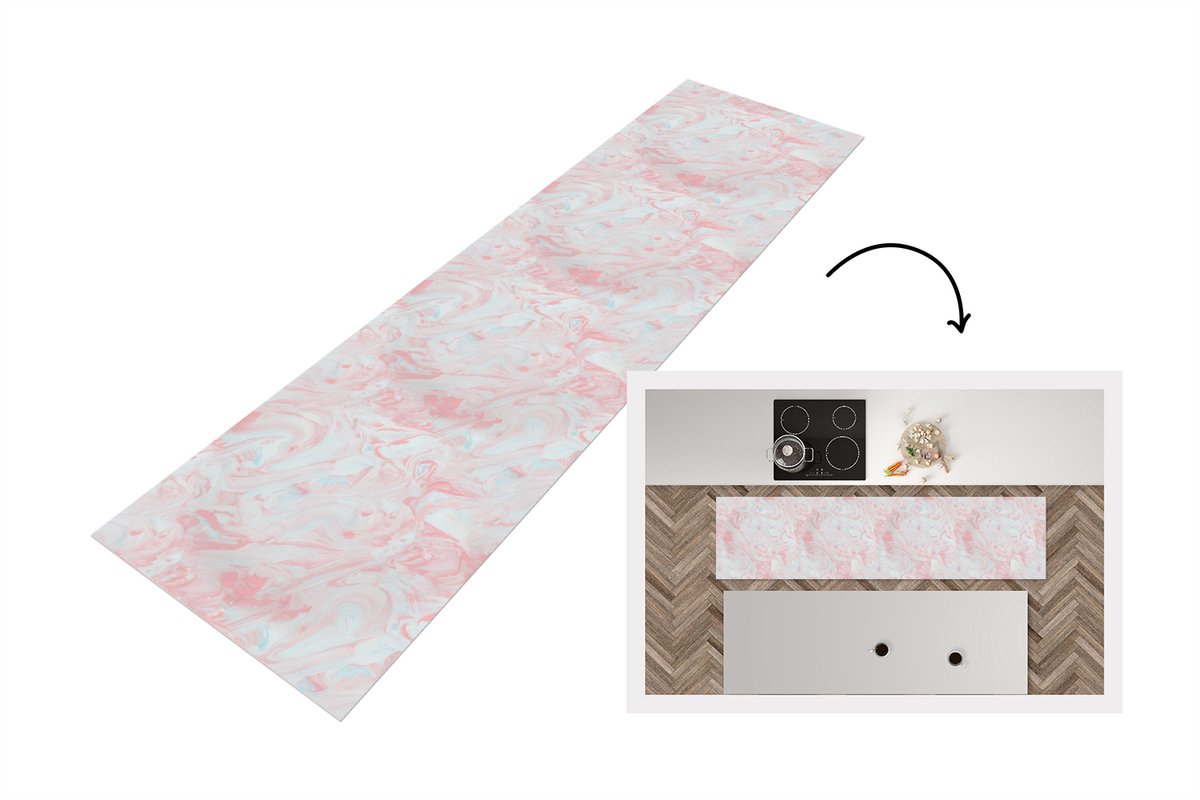 KitchenYeah Keukenloper 240x60 cm - Keukenmat vinyl Marmer - Roze - Wit - Patronen - Keukenmatten loper - Keuken vloerkleed tapijt Verf