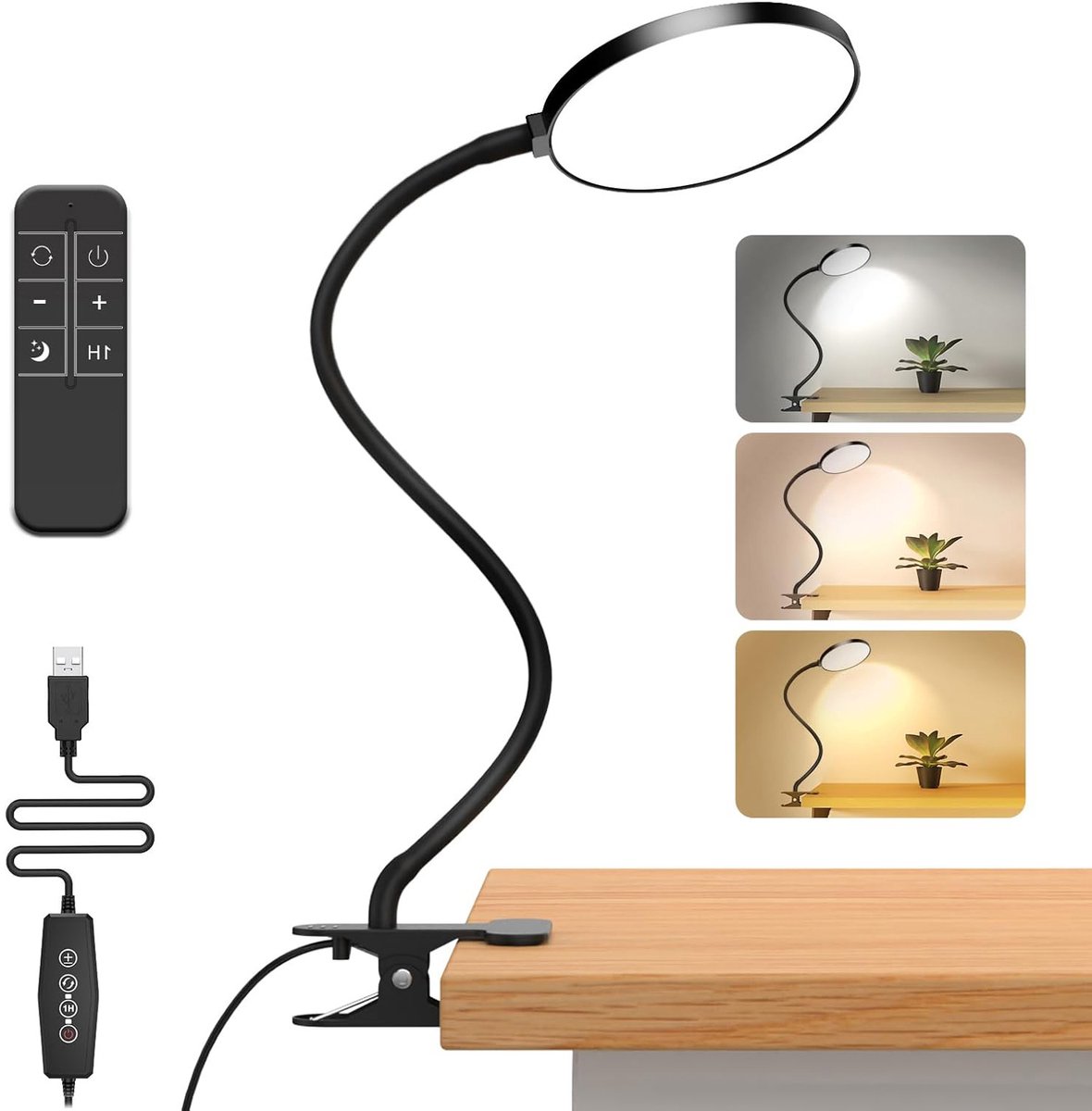 Rosnek Bureaulamp - 5W Leeslamp met Afstandsbediening Timing - 5 Dimniveaus & 3 Kleurtemperaturen Bureaulamp (3000-6000K) - Flexibele zwanenhalslamp Bureaulamp LED Dimbaar - Lampkop Diameter 12 cm Tafel, Bureau en Nachtkastje