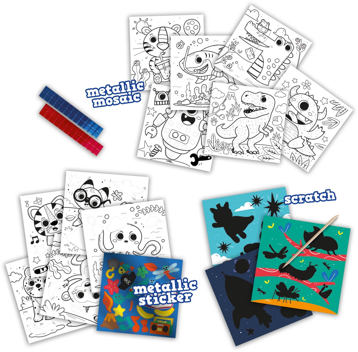 SES Creative - Activiteiten Doe kleurboek metallic 3 in 1 - stoere illustraties – kleuren, mozaïek en stickers plakken – kleurboek voor kinderen — afbeelding 4