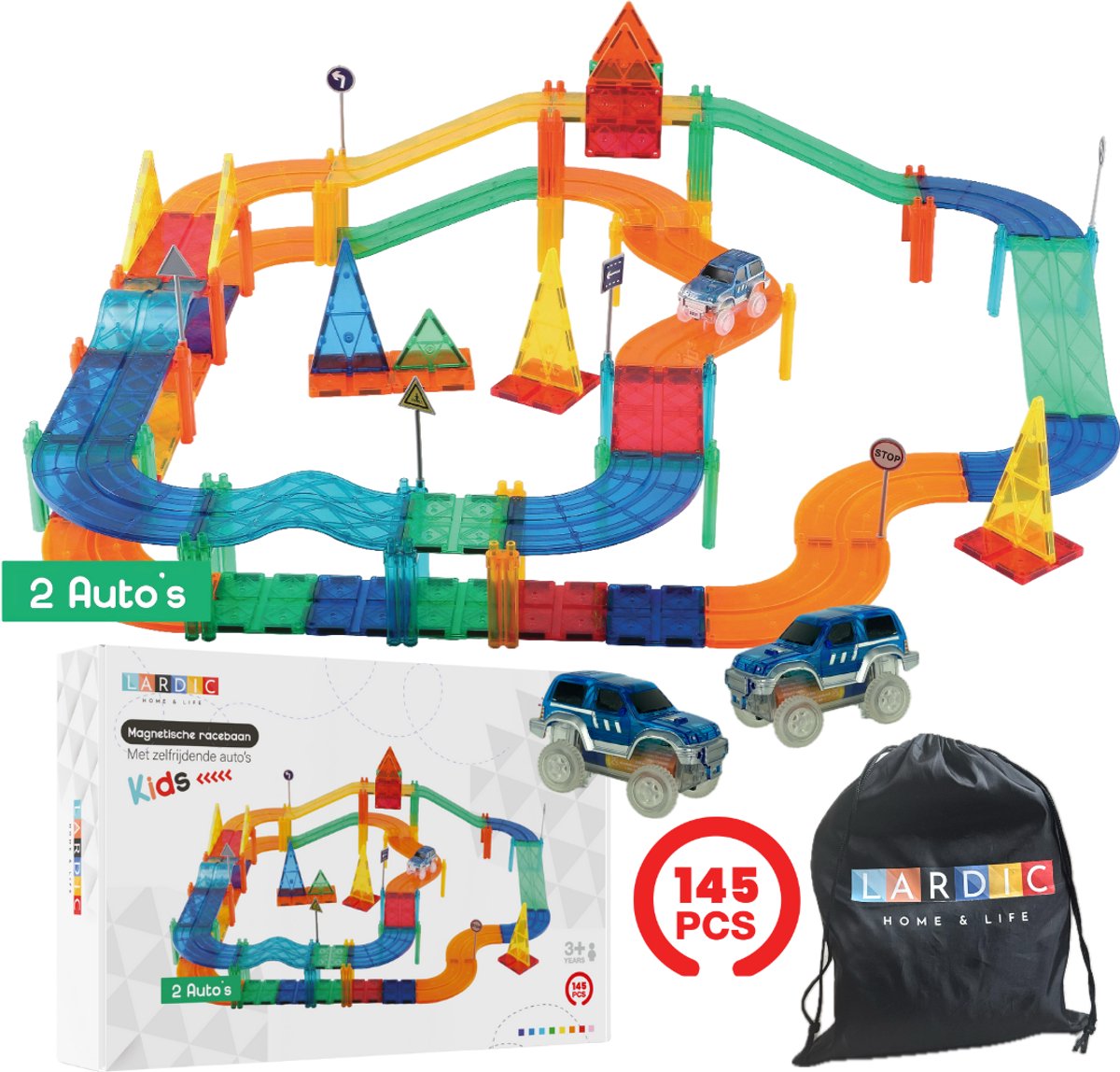 Lardic Magnetisch Speelgoed Racebaan Zelfrijdende auto's - 145 Stuks - Magnetic Tiles - Bouwspeelgoed - Bouwblokken - Magna - Magneten Speelgoed - Magnetische Tegels - Bouwstenen - Montessori Speelgoed - Mind Educatief Speelgoed - Jongens & Meisjes