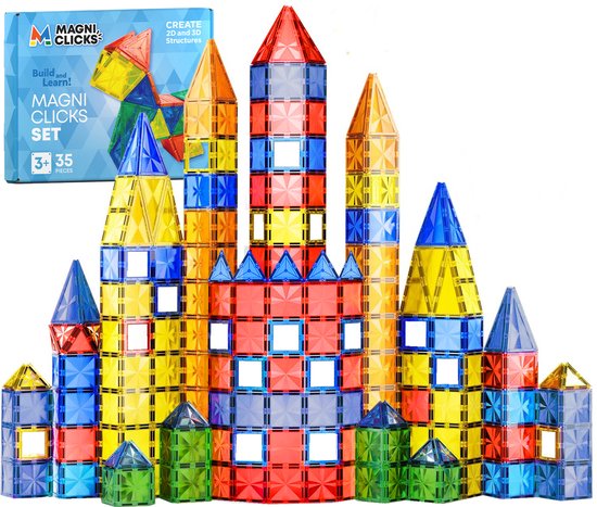 MagniClicks Magnetic Tiles 35 stuks - Magnetisch Speelgoed - Montessori - Magnetische Tegels - Bouwblokken