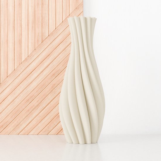 Fleuriek - Vloervaas Beige - H50 cm - Elegante hoge vaas van gerecycled kunststof met gestreept patroon- Spiraal vaas voor pampas pluimen