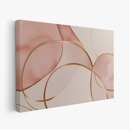 FineArtia - Pastel Gouden Cirkel Kunst - Canvas Schilderij - 60 x 40 cm - Woonkamer Decoratie - Creme;Roze;Zilver - Slaapkamer Schilderij - Wanddecoratie