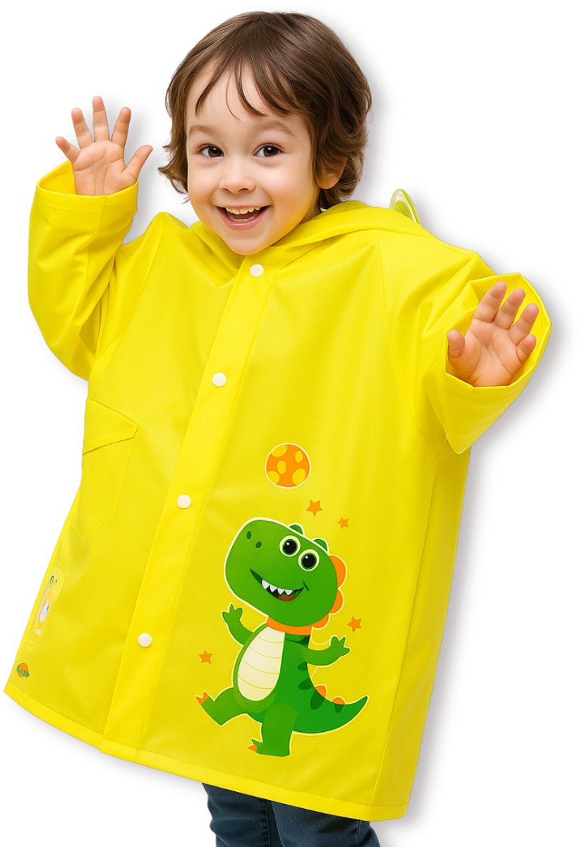BoefieBoef Gele Kinder Regenjas Ruimte Dinosaurus – L 4 tot 8 jaar – Kleuter RegenPoncho – Premium EVA Waterdicht – Regenmantel - Regen Winter School Buitenspelen – Knutseljas – Cadeau Tip voor Meisjes & Jongens – lengte 105-125 cm