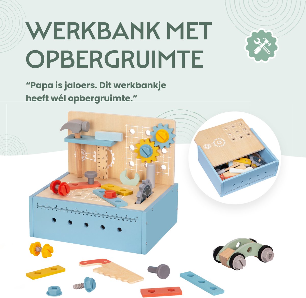 Houten Kinder Werkbank Speelgoed - Gereedschapskist – Bouwset - FSC Hout – Educatief Speelgoed – Werktafel – 54 Delig - Vanaf 3 Jaar — afbeelding 2
