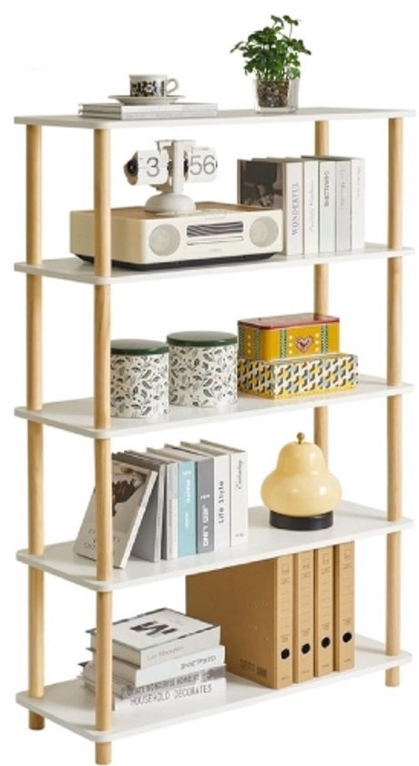 Hzuaneri Boekenkast, 6 verticale planken met 1 opvouwbare stoffen laden en 4 haken, open planken, metalen frame, geschikt voor werkkamer, woonkamer, wit eiken BC40616W