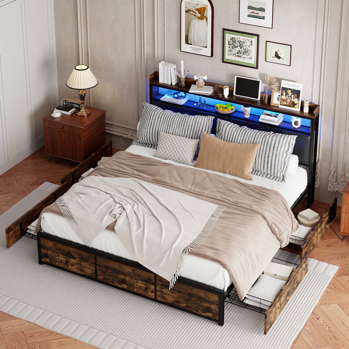 Metalen bed 160x200 cm met 4 laden opbergruimte en LED-hoofdbord, gestoffeerd bed tweepersoonsbed bedombouw van metaal met lattenbodem, voor volwassenen en tieners, Vintage bruin + zwart