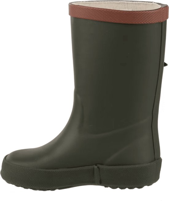 Donkergroene regenlaars met bruine rand en gesp, Aigle logo.