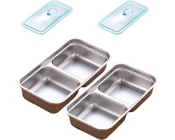 Stainless Steel Double Compartment Snack Containers, Reusable Grab, Go Snacks Box with Leak‑Proof Lids, Snack Containers Stainless Steel for Meal Prep, Travel and Camping (2PCS A)