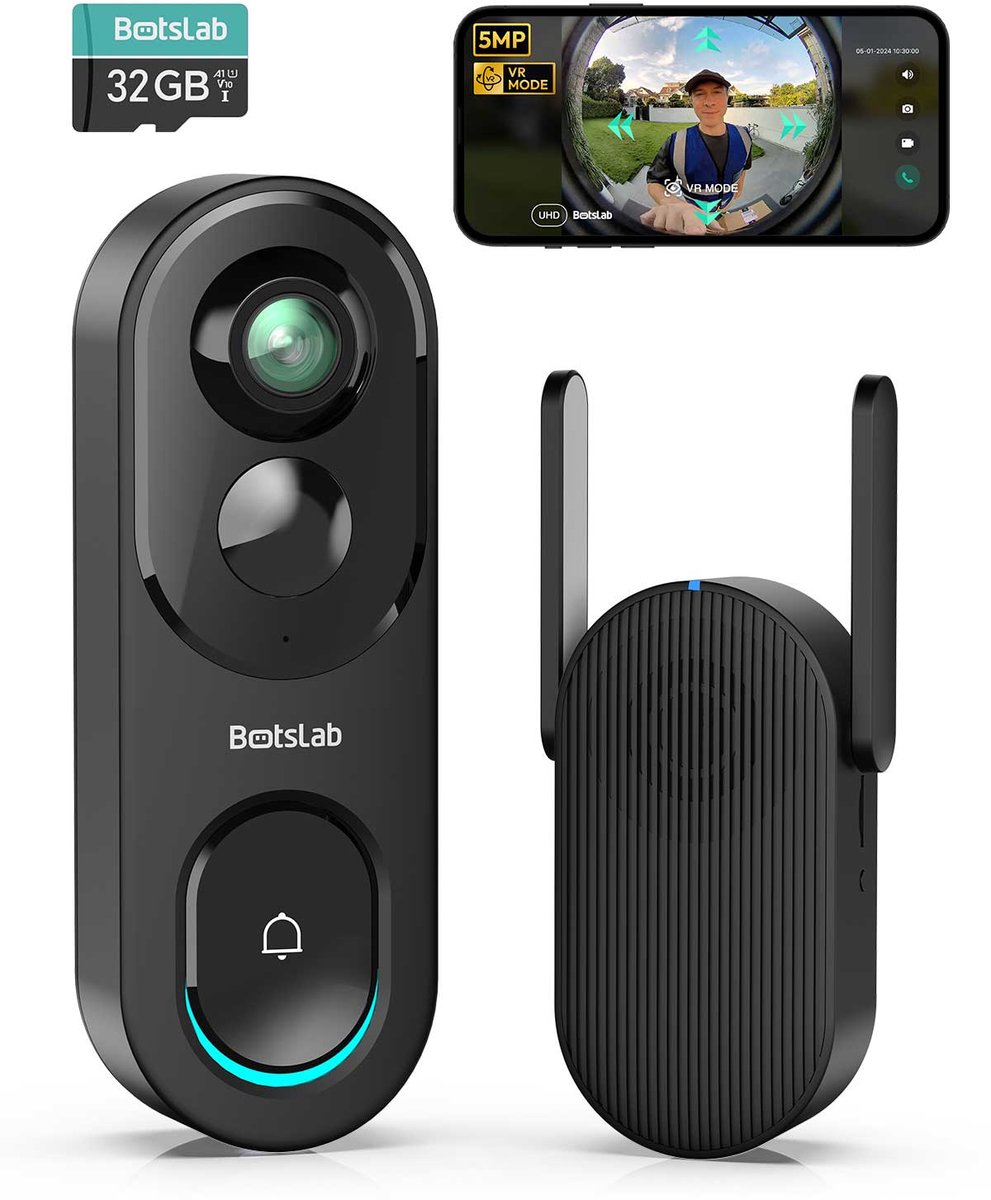 Botslab R810 32gb 5MP oplaadbare video deurbel met intercom - 5MP panorama camera - 180 graden kijkhoek - Tot 256gb en Cloud opslag - Oplaadbaar tot 150 dagen gebruik - 5200mAh batterij - Radardetectie - Botslab video deurbel App met meldingen