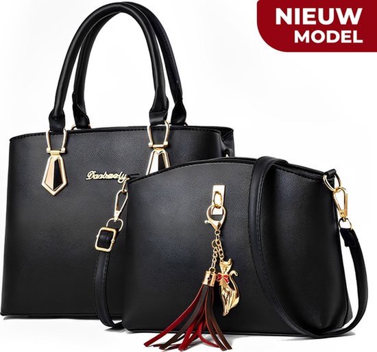 Sac à main 2 en 1 - Sac Shopper pour femme avec fermeture éclair - Sac à main - Sac d'école - Sac de travail - adapté au A4 - Zwart - Cuir Eco
