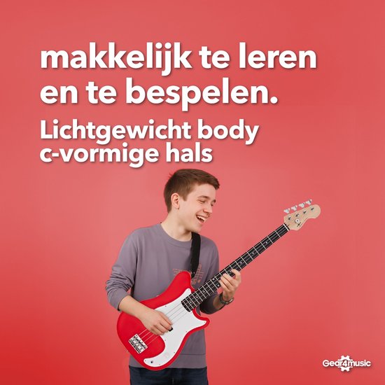 Jonge man met rode basgitaar met witte slagplaat, speelt vrolijk.