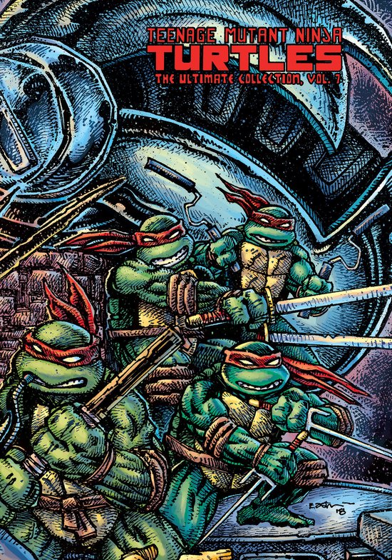 De Teenage Mutant Ninja Turtles in actie, met Leonardo, Donatello, Michelangelo en Raphael, met de tekst "TEENAGE MUTANT NINJA TURTLES THE ULTIMATE COLLECTION, VOL. 7".