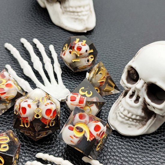 Ensemble de dés Joya Kids® Dungeons and Dragons | Set de Dés DnD Polydice | Ensemble de dés D&D | Ensemble de 7 pièces en résine | Coffre de rangement de Luxe inclus | Crâne Zwart avec rouge | Crâne