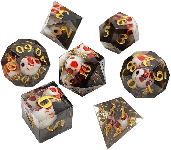 Ensemble de dés Joya Kids® Dungeons and Dragons | Set de Dés DnD Polydice | Ensemble de dés D&D | Ensemble de 7 pièces en résine | Coffre de rangement de Luxe inclus | Crâne Zwart avec rouge | Crâne
