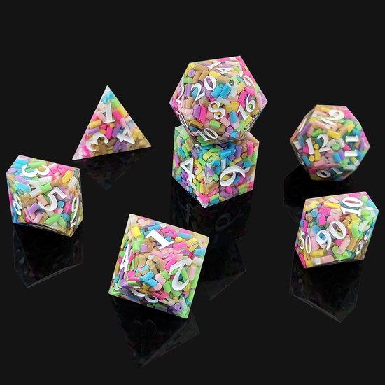 Ensemble de dés Joya Kids® Dungeons and Dragons | Set de Dés DnD Polydice | Ensemble de dés D&D | Ensemble de 7 pièces en résine | Coffre de rangement de Luxe inclus | Friandises colorés | Sprinkles
