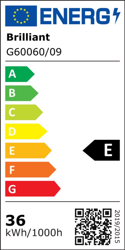 Energie-etiket voor Brilliant G60060/09, klasse E, 36 kWh/1000h.