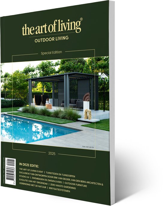 De cover van "the art of living OUTDOOR LIVING Special Edition 2025", met een luxe zwembad en moderne buitenruimte.
