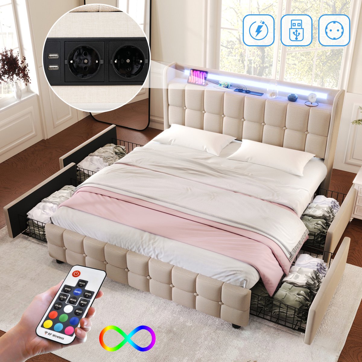 Gestoffeerd bed tweepersoonsbed 140x200 cm met LED-hoofdbord en USB-aansluiting, jeugdbed met lattenbodem en 4 laden opbergruimte, opbergbed, bedombouw, zonder matras, linnen beige
