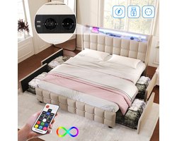 Gestoffeerd bed tweepersoonsbed 140x200 cm met LED-hoofdbord en USB-aansluiting, jeugdbed met lattenbodem en 4 laden opbergruimte, opbergbed, bedombouw, zonder matras, linnen beige