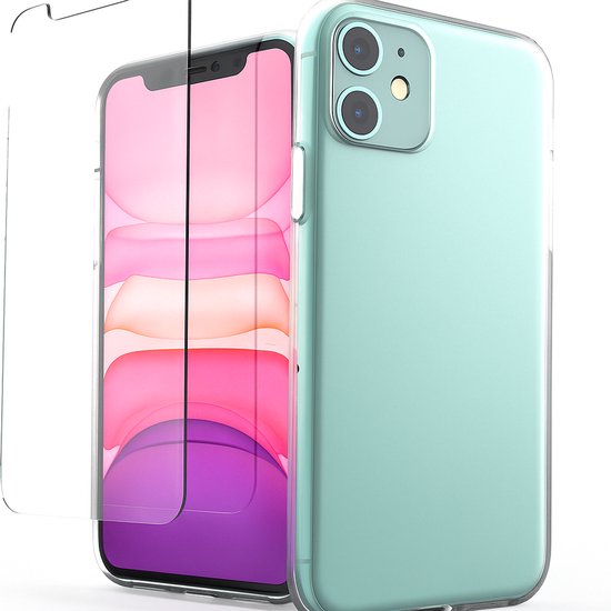 Een mintgroen iPhone 11 met een transparant hoesje en een screenprotector.