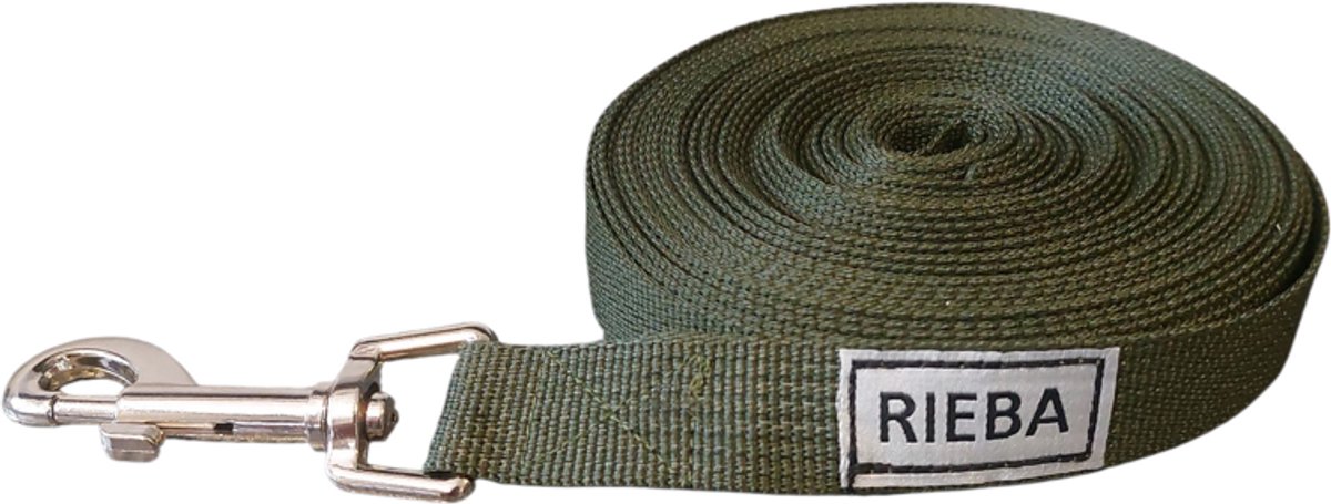 Rieba® Hondenriem 10 meter – Lange Lijn - Trainingslijn – Sleeplijn – Speurlijn - Hondenlijn – Looplijn – Riem Hond - Voor Training en Wandelen – 2 cm Breed – Nylon – Olijfgroen