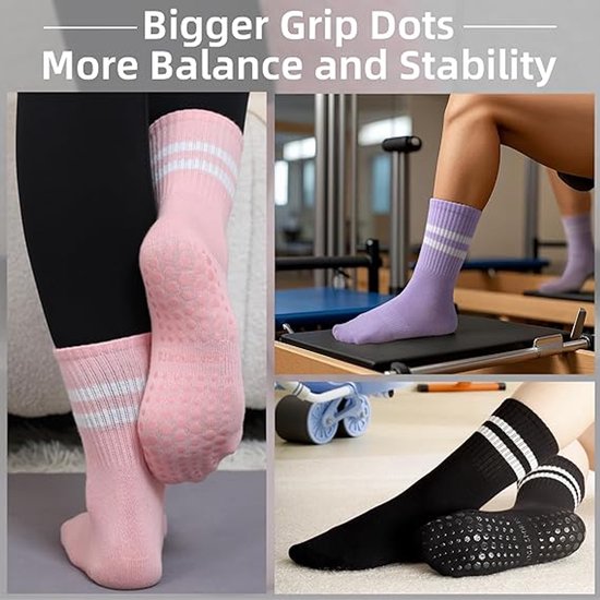 5 paar - Sokken - Dames hoge Pilates antislip sokken - Yoga Pilates Sokken met Grip - Antislip Katoenen Sokken - Yoga Sokken - Antislip enkelsokken - voor Ballet, Dans, Workouts - Zwart, Wit, Grijs, Roze en Paars van Merkloos — afbeelding 4