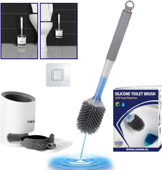 Lukana Siliconen WC Borstel met Zeepdispenser - Hervulbaar - Vrijstaand of Hangend - Sneldrogend, Hygiënisch & Antibacteriële Werking - Zonder Boren - Toilet Brush - Toiletborstel Houder - Lekbak