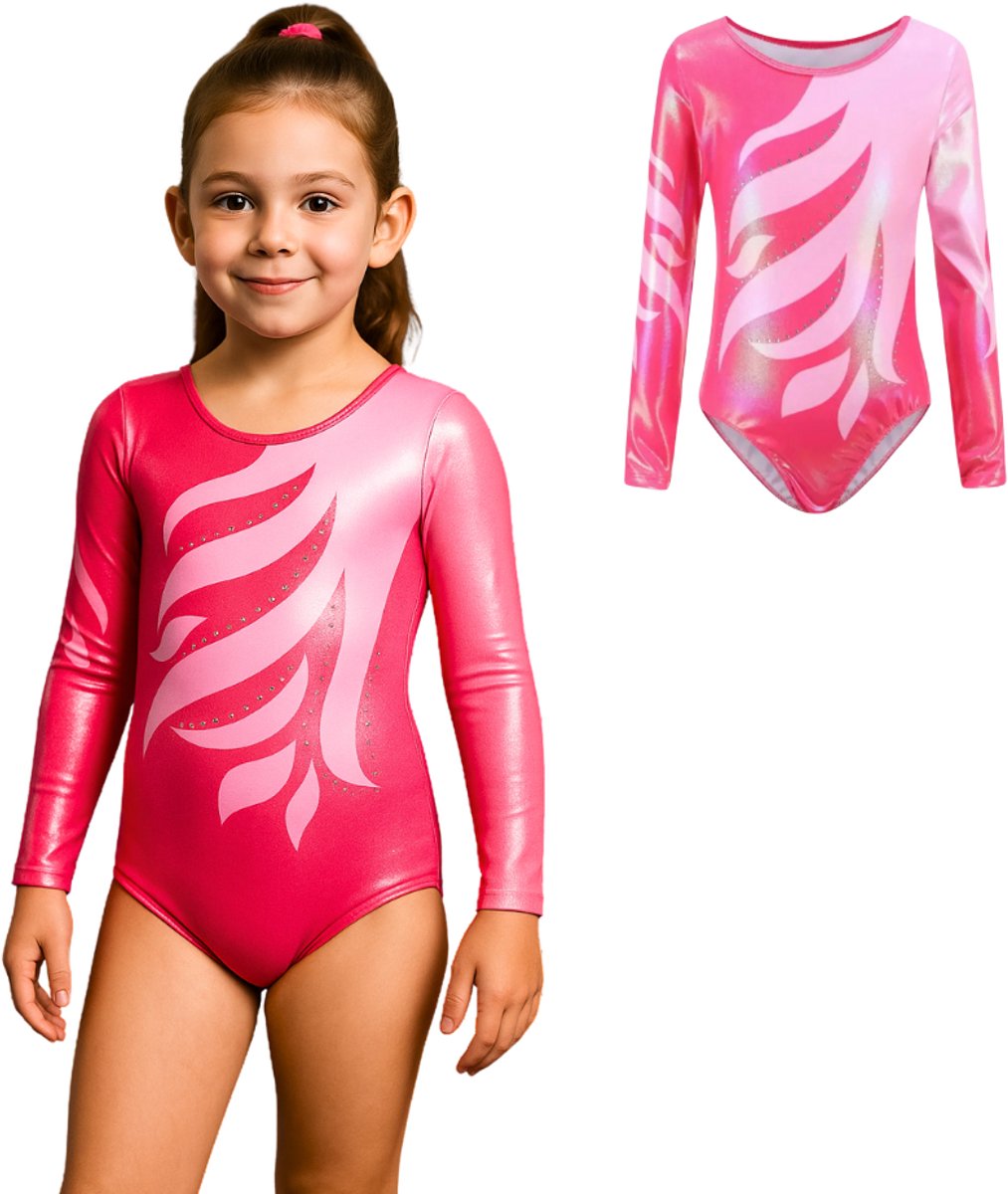 Joya Kids® Turnpakje Meisjes met Lange Mouwen | Hard Roze met Glitters en Strass Steentjes Ballet pakje | Gymnastiekpakje | Turnen | Turn Pakje | Maat 110