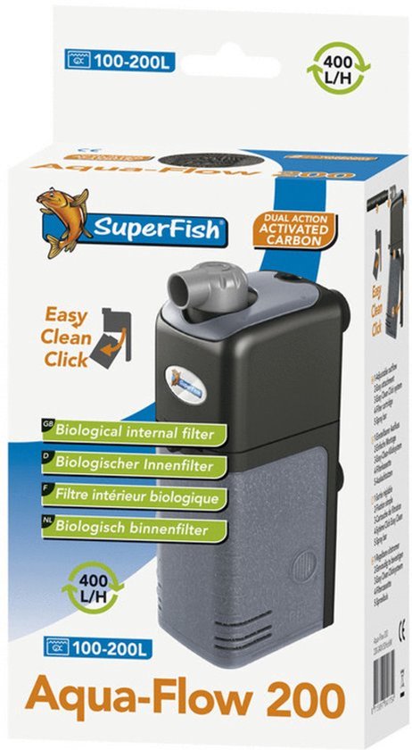 Aqua-Flow 200 aquariumfilter, 400 L/H, 100-200L. Zwart met grijze behuizing.