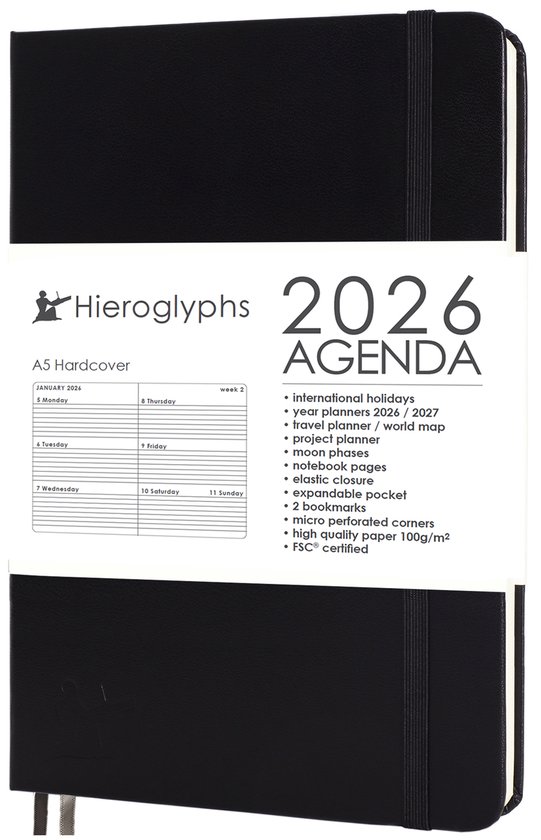 Hieroglyphs Agenda 2026 A5 - 1 Week op 2 pagina's - Harde Kaft - Elastiek - Opbergvak - 2 Bladwijzers - Weekagenda Jaaragenda Volwassenen - Zwart