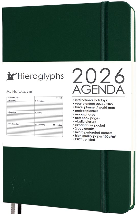 Hieroglyphs Agenda 2026 A5 - 1 Week op 2 pagina's - Harde Kaft - Elastiek - Opbergvak - 2 Bladwijzers - Weekagenda Jaaragenda Volwassenen - Groen - Forest Green