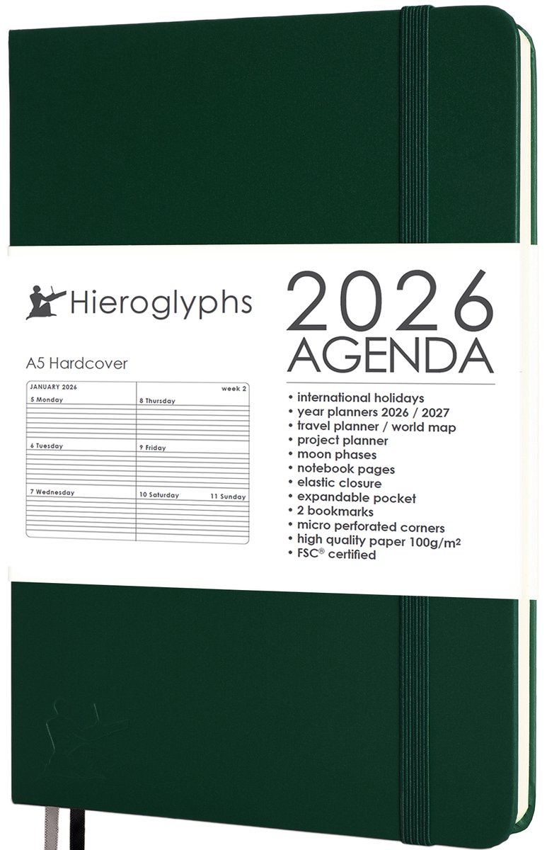 Hieroglyphs Agenda 2026 A5 - 1 Week per 2 pagina's - Harde kaft - Sluitelastiek - Opbergvak - 2 Bladwijzers - Weekagenda - Forest Green