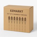 Een kartonnen doos met 'EZMARKT SET OF 10 BAMBOO TORCHES' erop, afgebeeld met zeven fakkels.