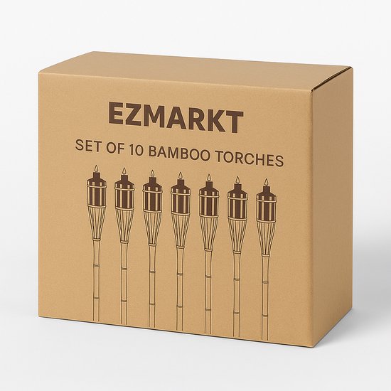 Een kartonnen doos met 'EZMARKT SET OF 10 BAMBOO TORCHES' erop, afgebeeld met zeven fakkels.