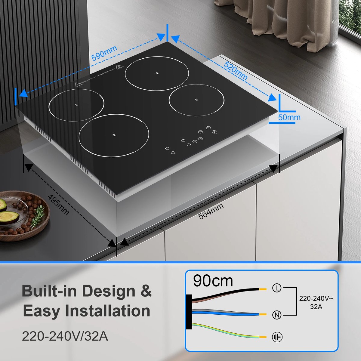 Thermomate CHTB604 keramische kookplaat/60cm elektrische kookplaat/keramische kookplaat met 4 kookzones/kinderbeveiliging/timerfunctie/STOP GO-functie/6,7kW