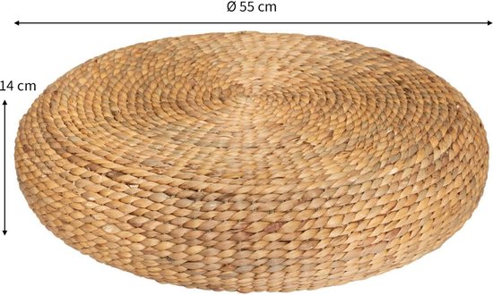 Ronde, gevlochten poef van natuurlijk materiaal, diameter 55 cm, hoogte 14 cm.