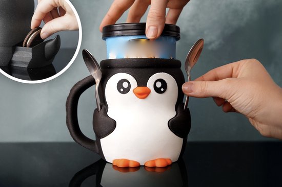 Porte-gobelet à glace Pingouin avec tiroir à collation pour biscuits et autres articles - Convient aux gobelets à glace de 473 ml - Poignée et deux fentes pour cuillère - Design mignon - Mignon et réutilisable