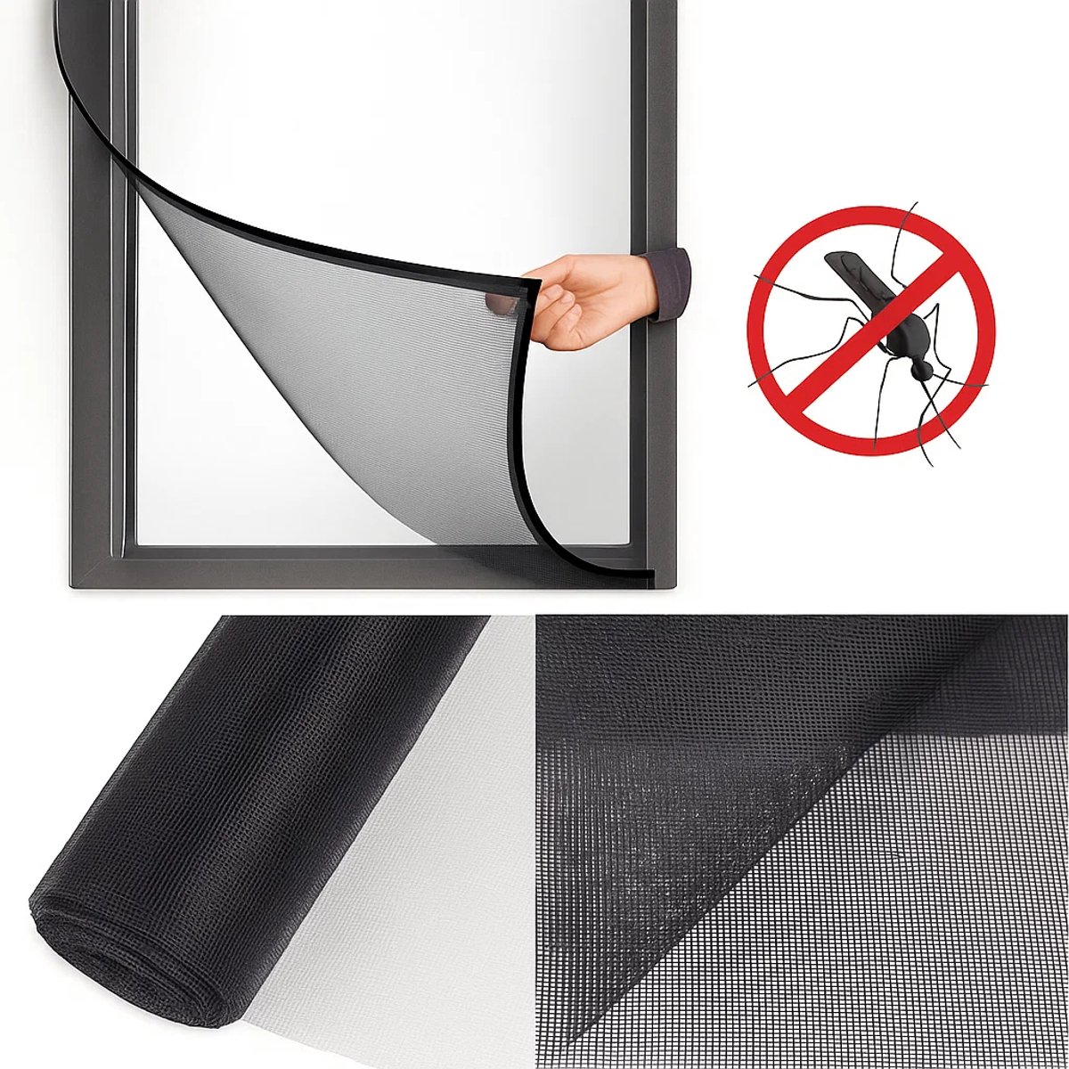 Insecten Hor I Raamhor I Raam Hor I Net tegen insecten I Horrengaas I Vliegenhor I Met Klittenband Plakstrip I 130 x 150 cm I Zwart